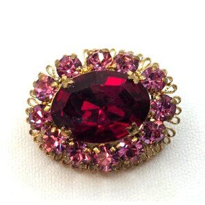 Vintage Austrian Gold-Tone Brooch With Red & Pink Rhinestones Oval Design